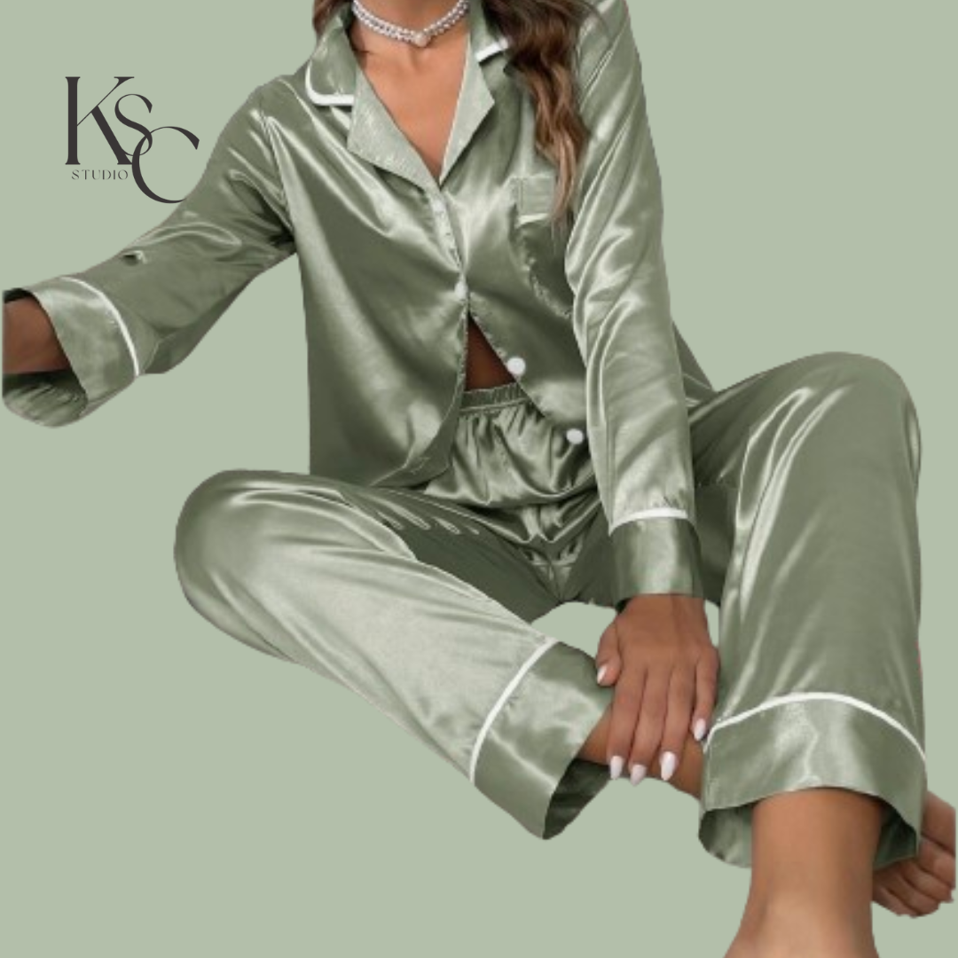 sage green long sleeve satin pyjamas