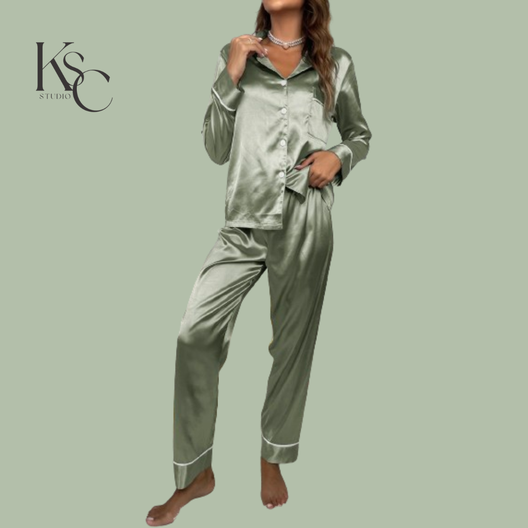 sage green long sleeve satin pyjamas2