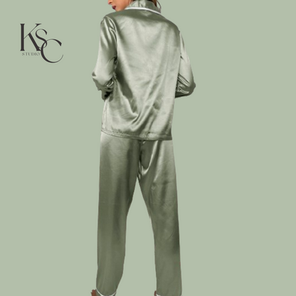 sage green long sleeve satin pyjamas 3